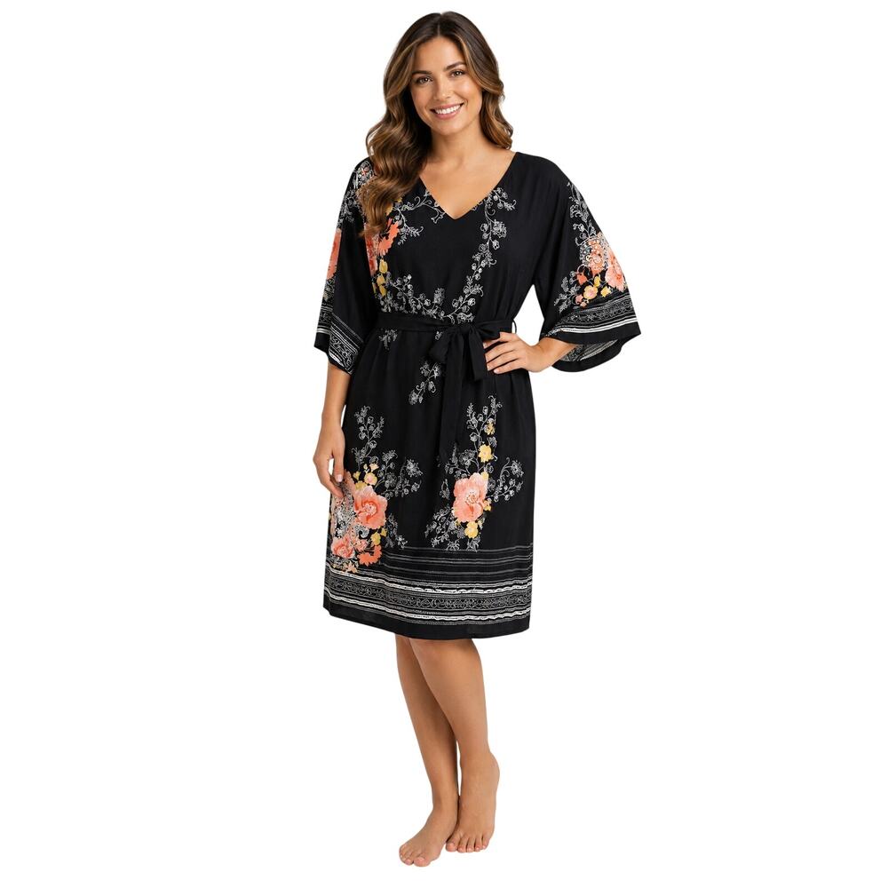 NWT Sandra Darren 2X oriental shift midi dress with tie waist 1/2 sleeve floral